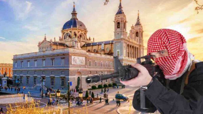 Questa richiesta è scaturita da un poster allarmante diffuso online, che ritrae un terrorista armato di coltello accanto all'immagine di una cattedrale spagnola, con il titolo provocatorio "Let's slaughter" che tradotto significa "facciamo una strage".