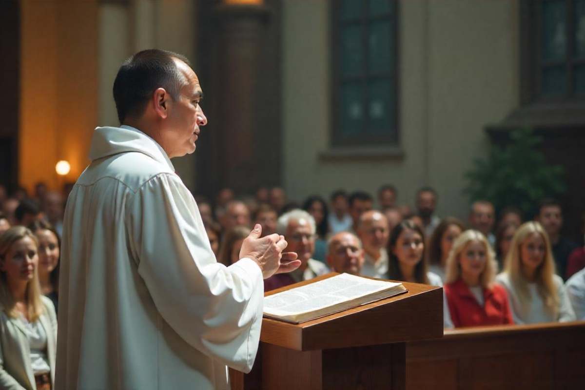 A middle-aged Caucasian man, approximately 42 years old, with closely cropped black hair, dressed in a pristine white robe, delivering a sermon from a sleek in spring time, inside modern church lectern to a crowd of everyday people dressed casual spring robe, under gentle, diffused lighting