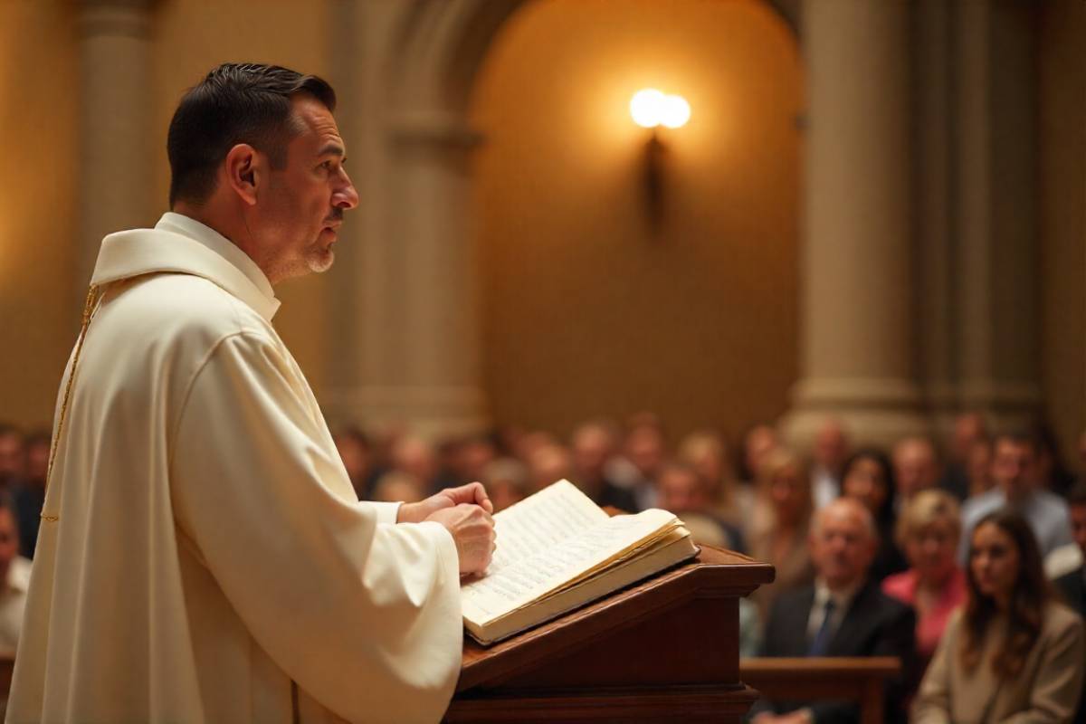 A middle-aged Italian man, approximately 40 years old, with closely cropped black hair, dressed in a pristine white robe, delivering a sermon from a sleek in spring time, inside roman catholic church lectern to a crowd of everyday people dressed casual spring robe, under gentle, diffused lighting