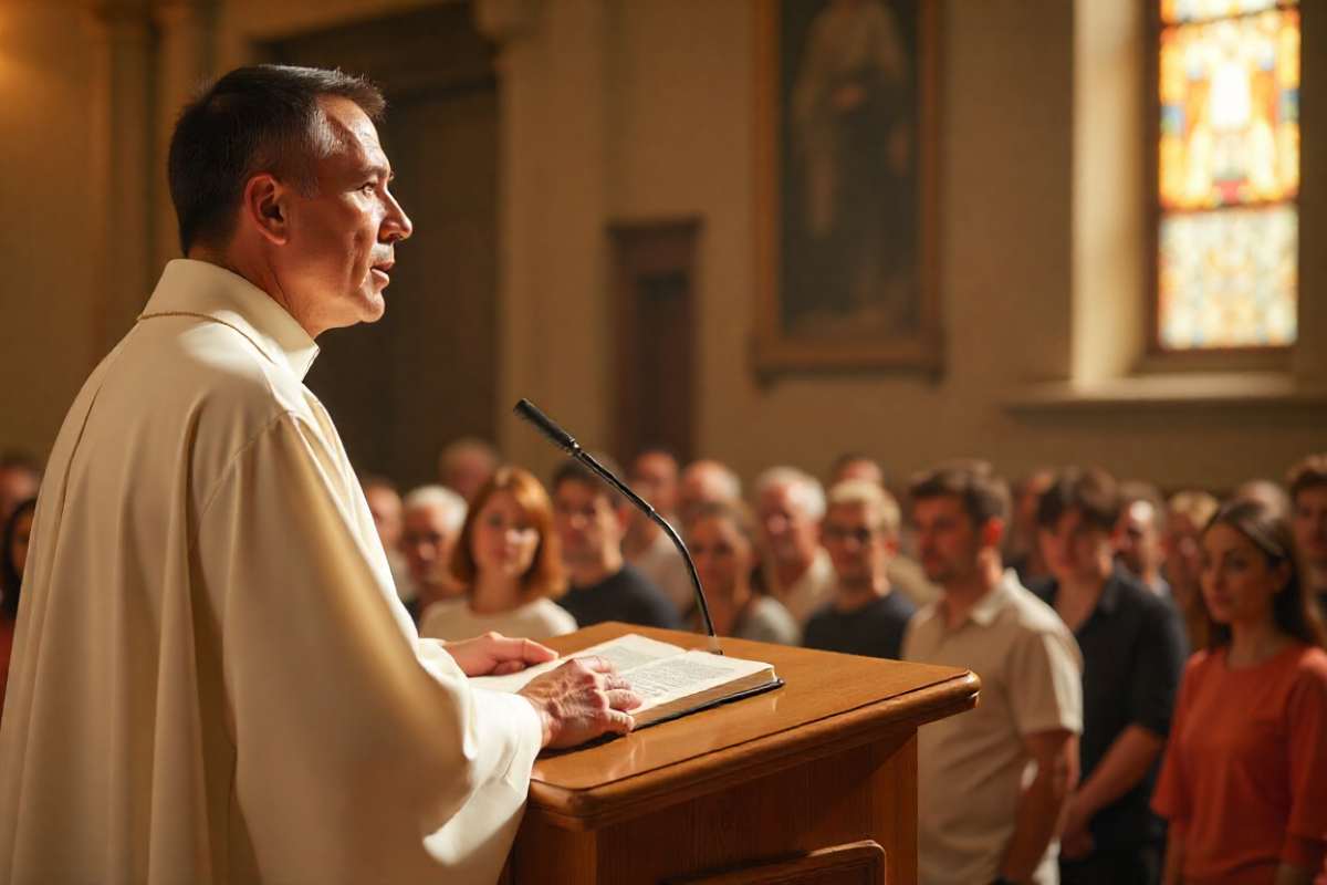 A middle-aged Italian man, approximately 40 years old, with closely cropped black hair, dressed in a pristine white robe, delivering a sermon from a sleek in spring time, inside roman catholic church lectern to a crowd of everyday people dressed casual spring robe, under gentle, diffused lighting