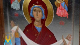 Vergine Maria protegge con il velo