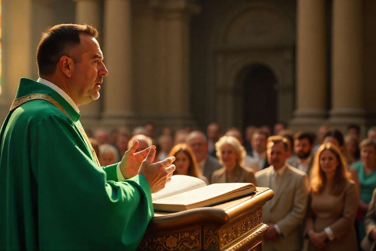 A middle-aged Italian man, about 40, with closely cropped black hair, wearing a pristine green robe, delivering a sermon at a gilded church lectern, on a bright springtime morning, with a formally attired crowd of dignitaries.