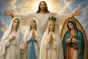 Diverse immagini della Vergine Maria venerate in tutto il mondo, tra cui la Vergine di Guadalupe e Nostra Signora di Lourdes