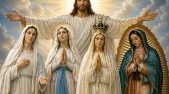 Diverse immagini della Vergine Maria venerate in tutto il mondo, tra cui la Vergine di Guadalupe e Nostra Signora di Lourdes