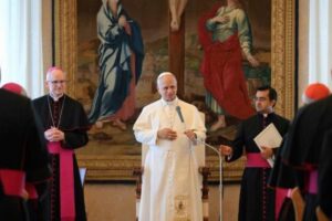 Papa Leone XIV durante l'udienza con il Dicastero per l'Evangelizzazione, 28 maggio 2026