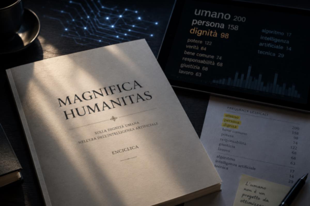 Dettaglio del testo dell’enciclica Magnifica Humanitas con simboli digitali