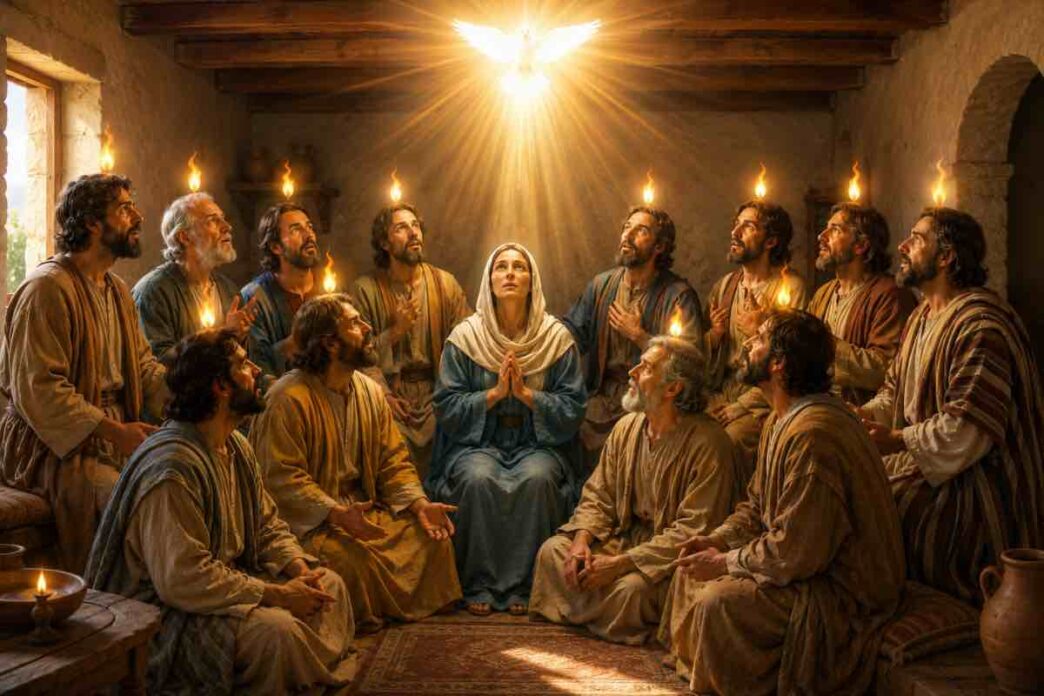 Apostoli e Maria riuniti nel Cenacolo durante la discesa dello Spirito Santo