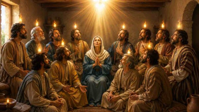 Apostoli e Maria riuniti nel Cenacolo durante la discesa dello Spirito Santo