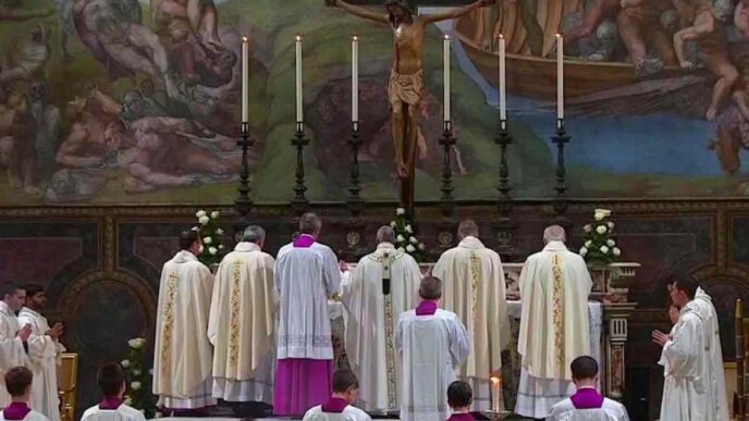 Sacerdote che celebra la messa ad orientem rivolto verso l'altare nella forma straordinaria del rito romano
