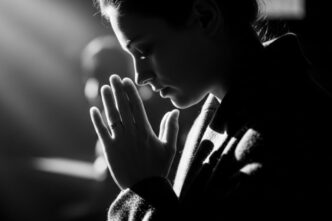 Persona in atteggiamento di preghiera e riflessione con le mani giunte in un momento di silenzio