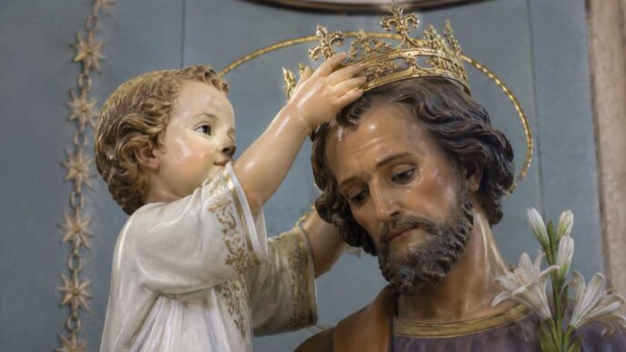 San Giuseppe fu scelto da Dio come capo della Famiglia di Nazareth: la sua giustizia, castità e laboriosità restano un modello per ogni padre cattolico.