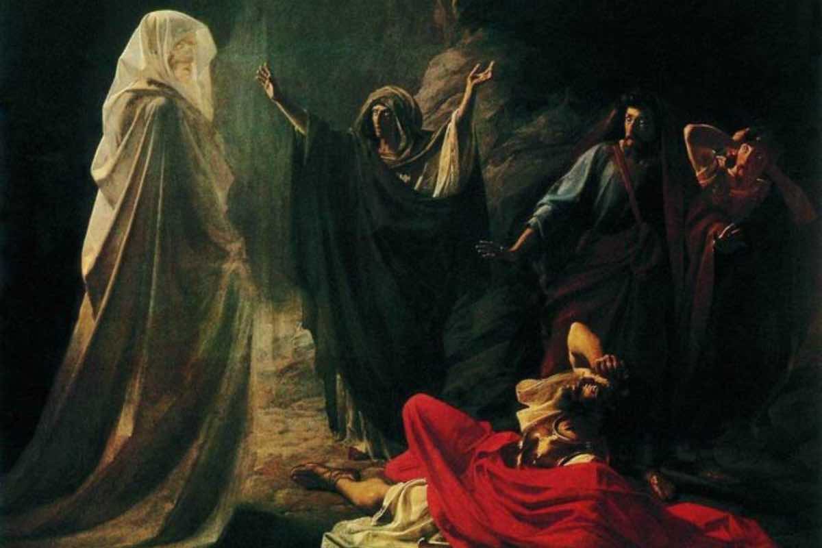 Alla vigilia dello scontro con i Filistei, Saul si trova senza risposte: Dio non ascolta le sue preghiere, spiega Tornau, e il re decide di rivolgersi a una donna esperta di negromanzia. Su sua richiesta, la donna evoca quello che appare come lo spirito del profeta Samuele