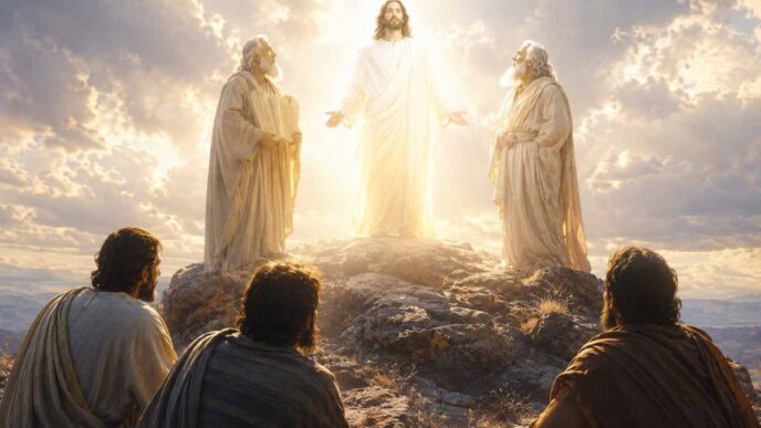 Sul monte, Gesù mostrò a Pietro, Giacomo e Giovanni la sua gloria divina, insieme a Mosè ed Elia, prima della passione e della morte.