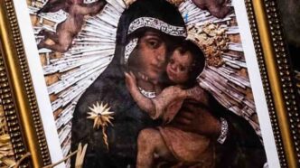Nonostante il titolo, l'immagine sacra non raffigura alcuna gallina: è la classica iconografia della Madonna del Carmine con il Bambino. Il nome nacque dalla memoria dell'evento ritenuto prodigioso, a cui si aggiunsero nel tempo altre storie legate al dono di volatili al santuario, che resero l'offerta di pollame un elemento caratteristico del culto