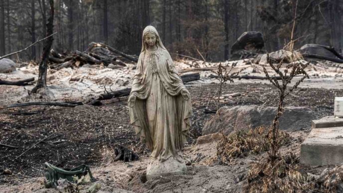 Tra le case distrutte dagli incendi, la statua della Madonna a Spokane è rimasta intatta e diventata segno di speranza per la comunità colpita.